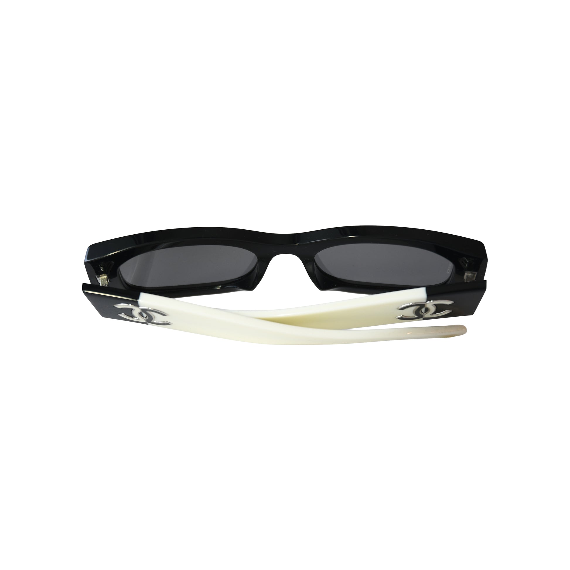 Chanel Rectangle Acetate Frame Grey Lenses Sunglasses Black White-NOBLEMARS