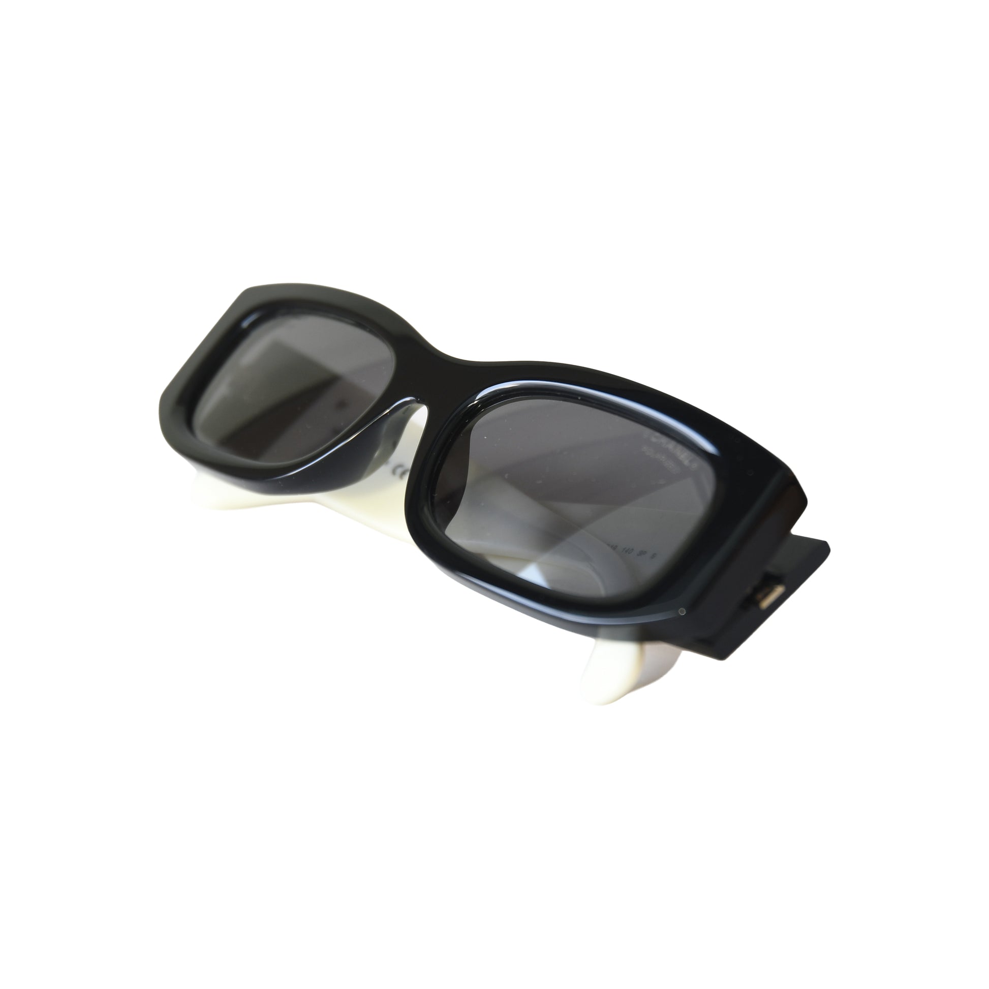 Chanel Rectangle Acetate Frame Grey Lenses Sunglasses Black White-NOBLEMARS