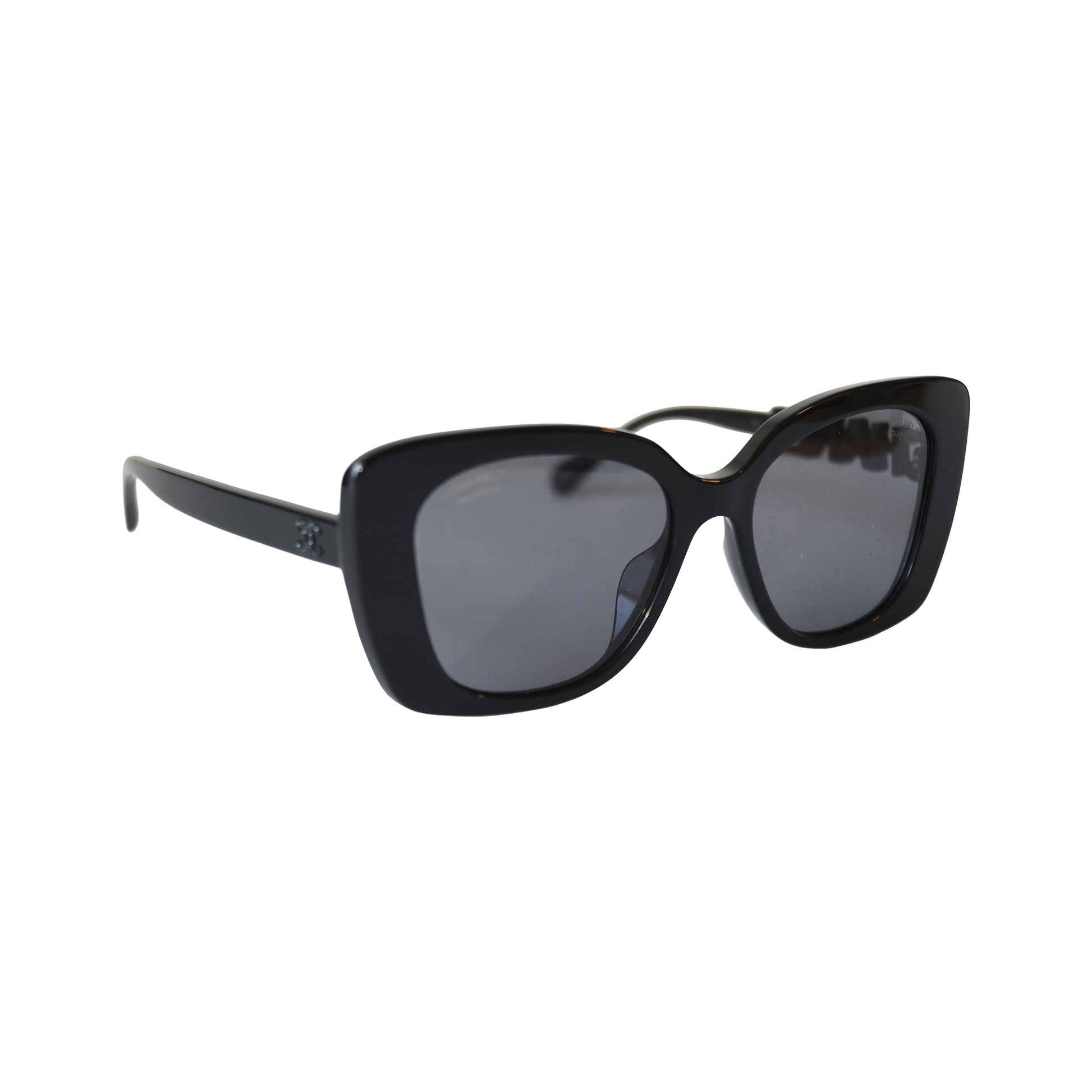 Chanel Acetate Frame Grey Lenses Lettering Square Sunglasses Black-NOBLEMARS