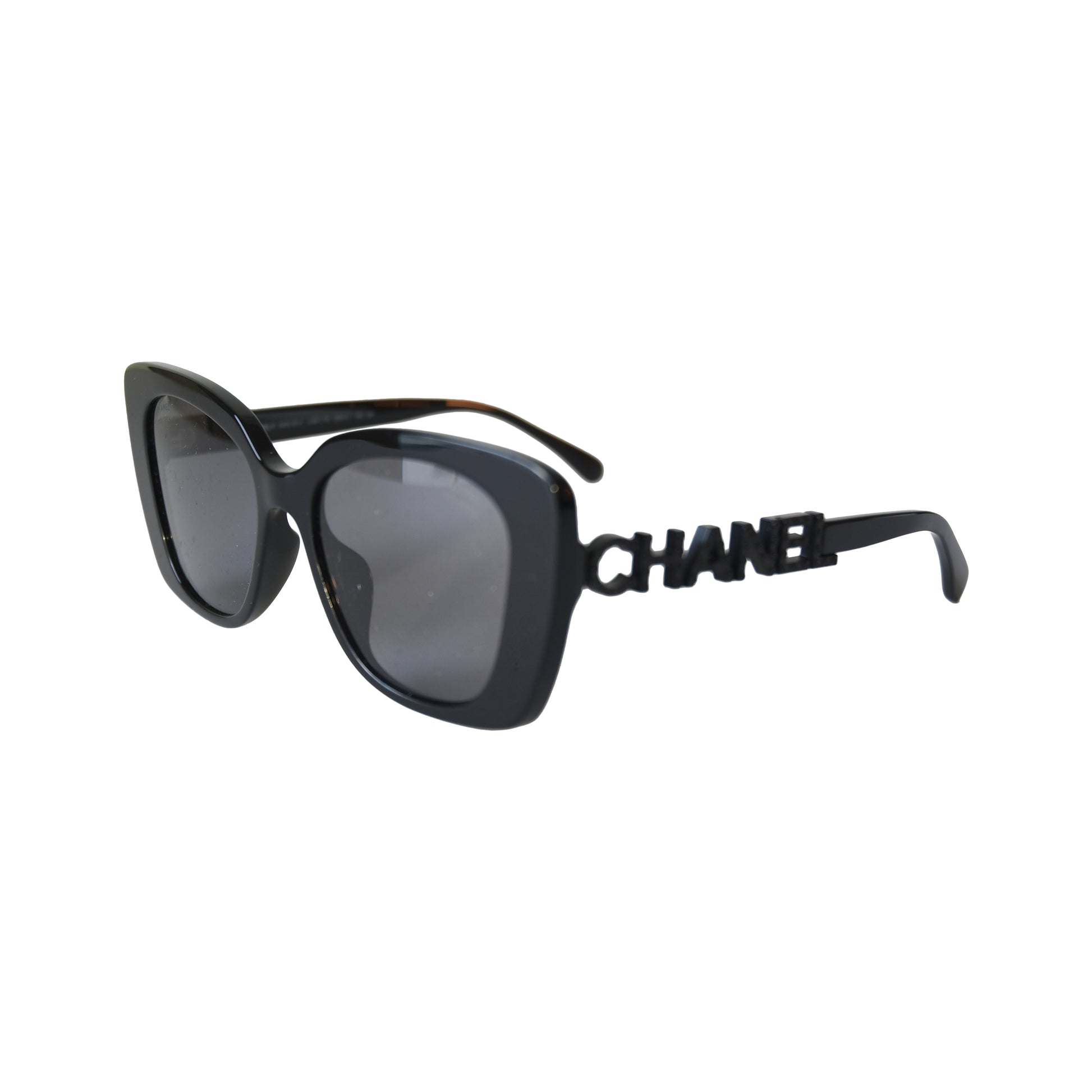 Chanel Acetate Frame Grey Lenses Lettering Square Sunglasses Black-NOBLEMARS
