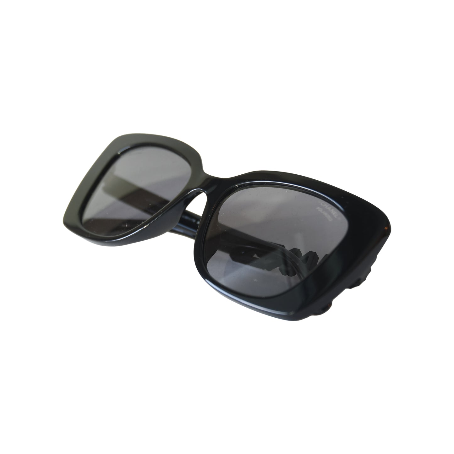 Chanel Acetate Frame Grey Lenses Lettering Square Sunglasses Black-NOBLEMARS