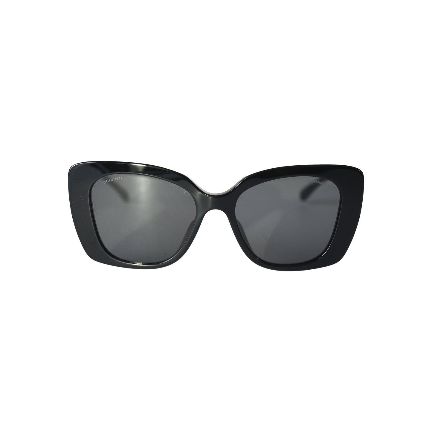 Chanel Acetate Frame Grey Lenses Strass White Lettering Square Sunglasses Black-NOBLEMARS