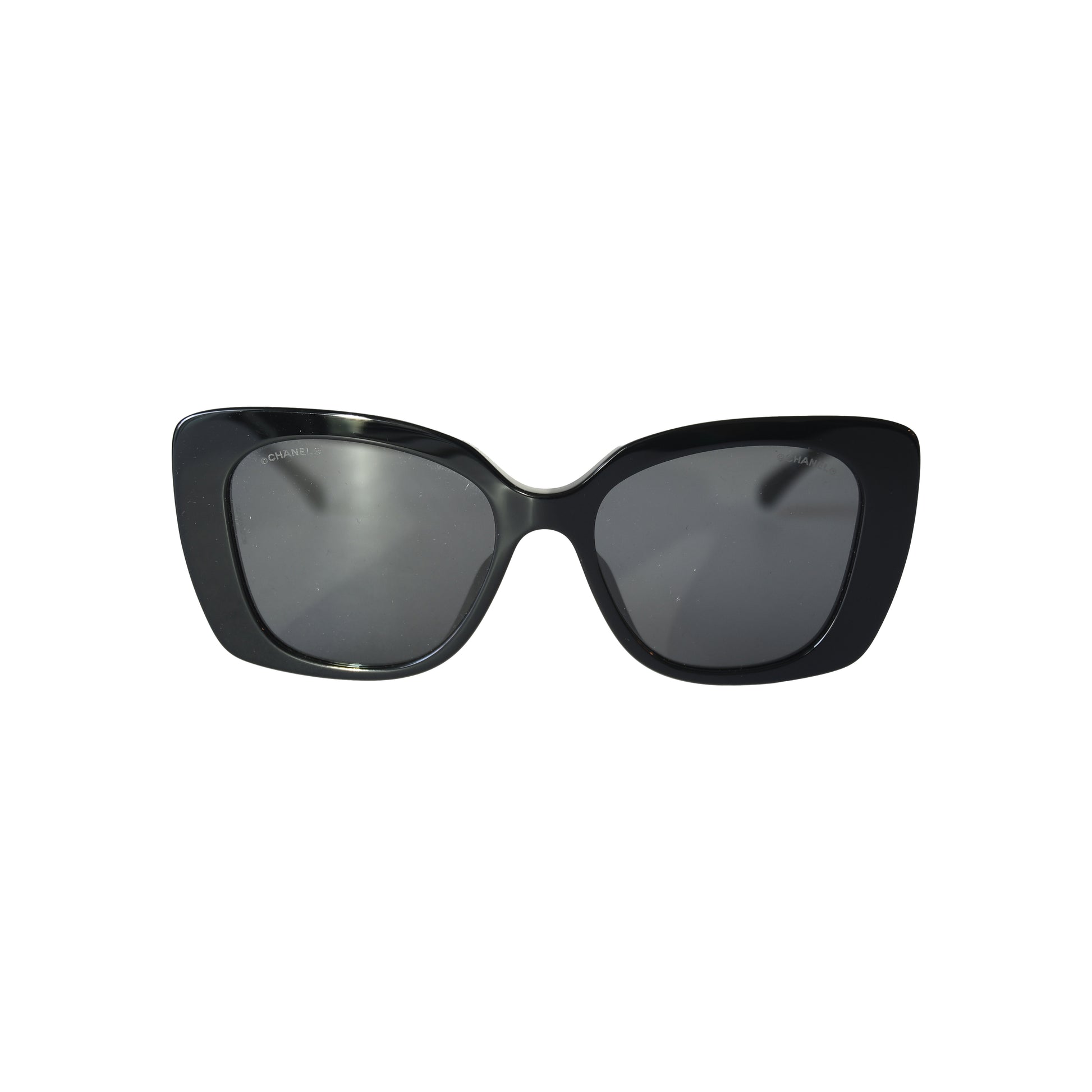 Chanel Acetate Frame Grey Lenses Strass White Lettering Square Sunglasses Black-NOBLEMARS