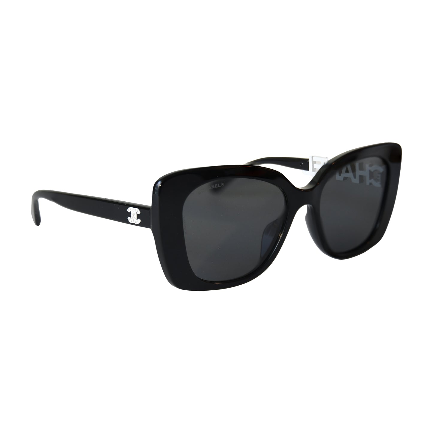 Chanel Acetate Frame Grey Lenses Strass White Lettering Square Sunglasses Black-NOBLEMARS