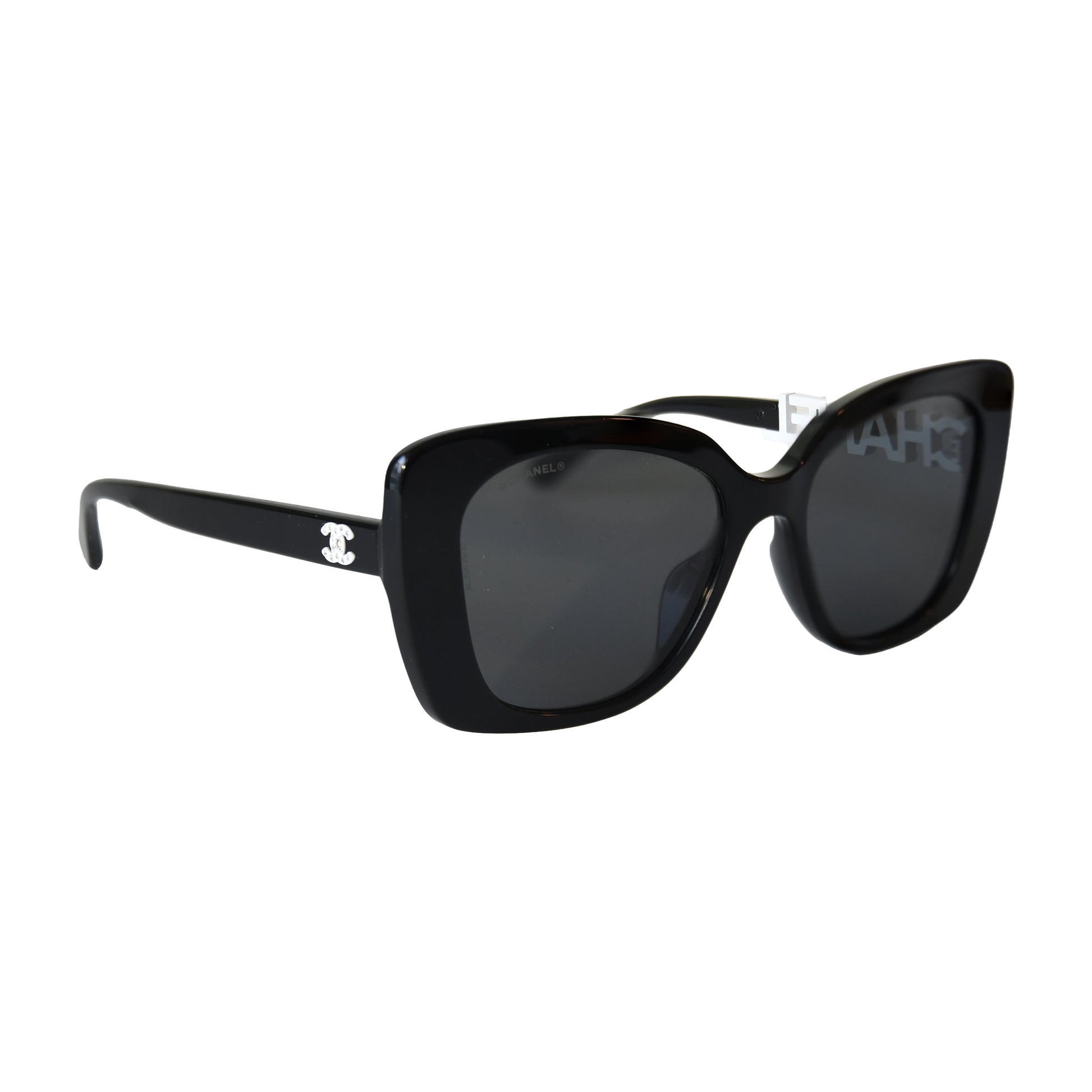 Chanel Acetate Frame Grey Lenses Strass White Lettering Square Sunglasses Black-NOBLEMARS
