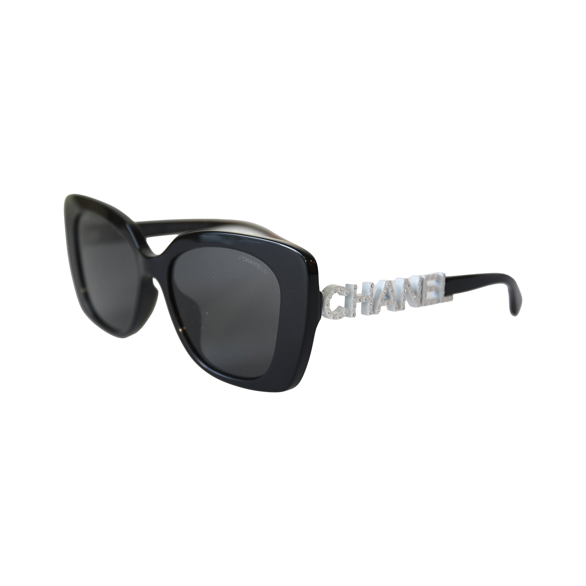 Chanel Acetate Frame Grey Lenses Strass White Lettering Square Sunglasses Black-NOBLEMARS