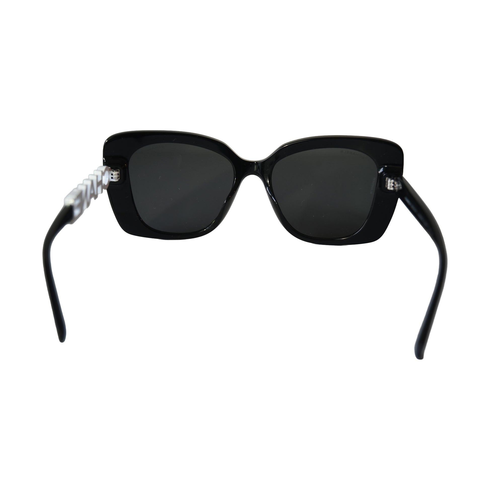 Chanel Acetate Frame Grey Lenses Strass White Lettering Square Sunglasses Black-NOBLEMARS