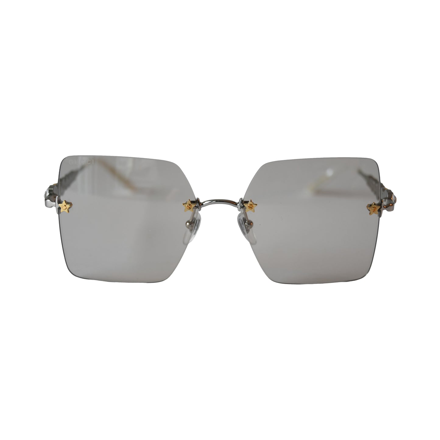 Gucci Rimless Square Shape Gold Star-Shaped Stud Gray Lenses Sunglasses White-NOBLEMARS