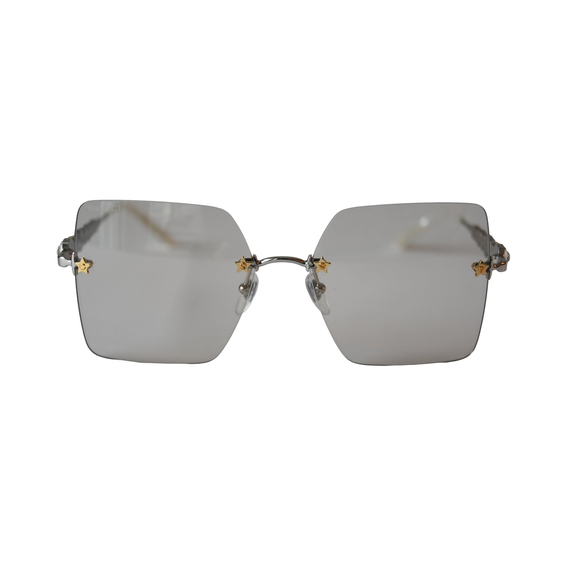 Gucci Rimless Square Shape Gold Star-Shaped Stud Gray Lenses Sunglasses White-NOBLEMARS
