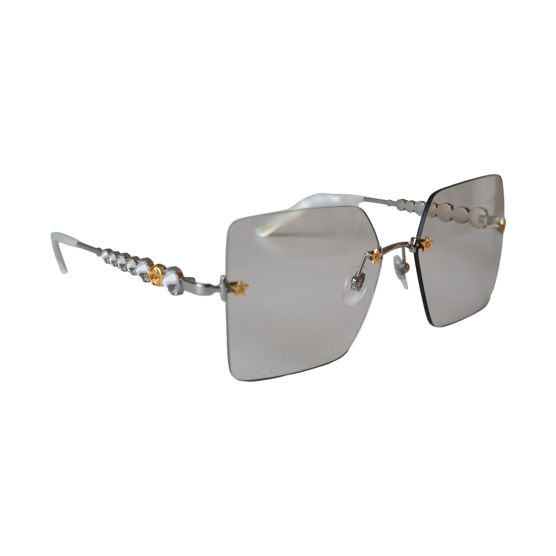 Gucci Rimless Square Shape Gold Star-Shaped Stud Gray Lenses Sunglasses White-NOBLEMARS