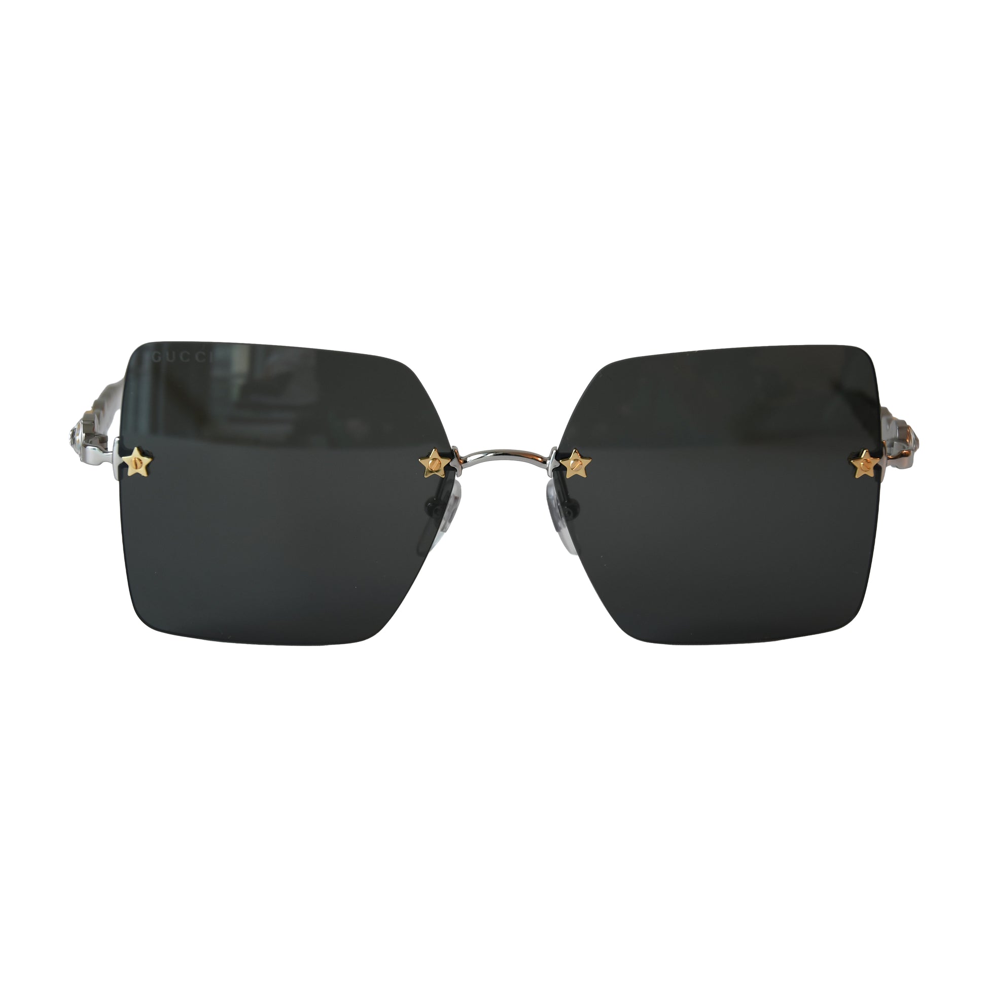 Gucci Rimless Square Shape Gold Star-Shaped Stud Black Lenses Sunglasses White-NOBLEMARS