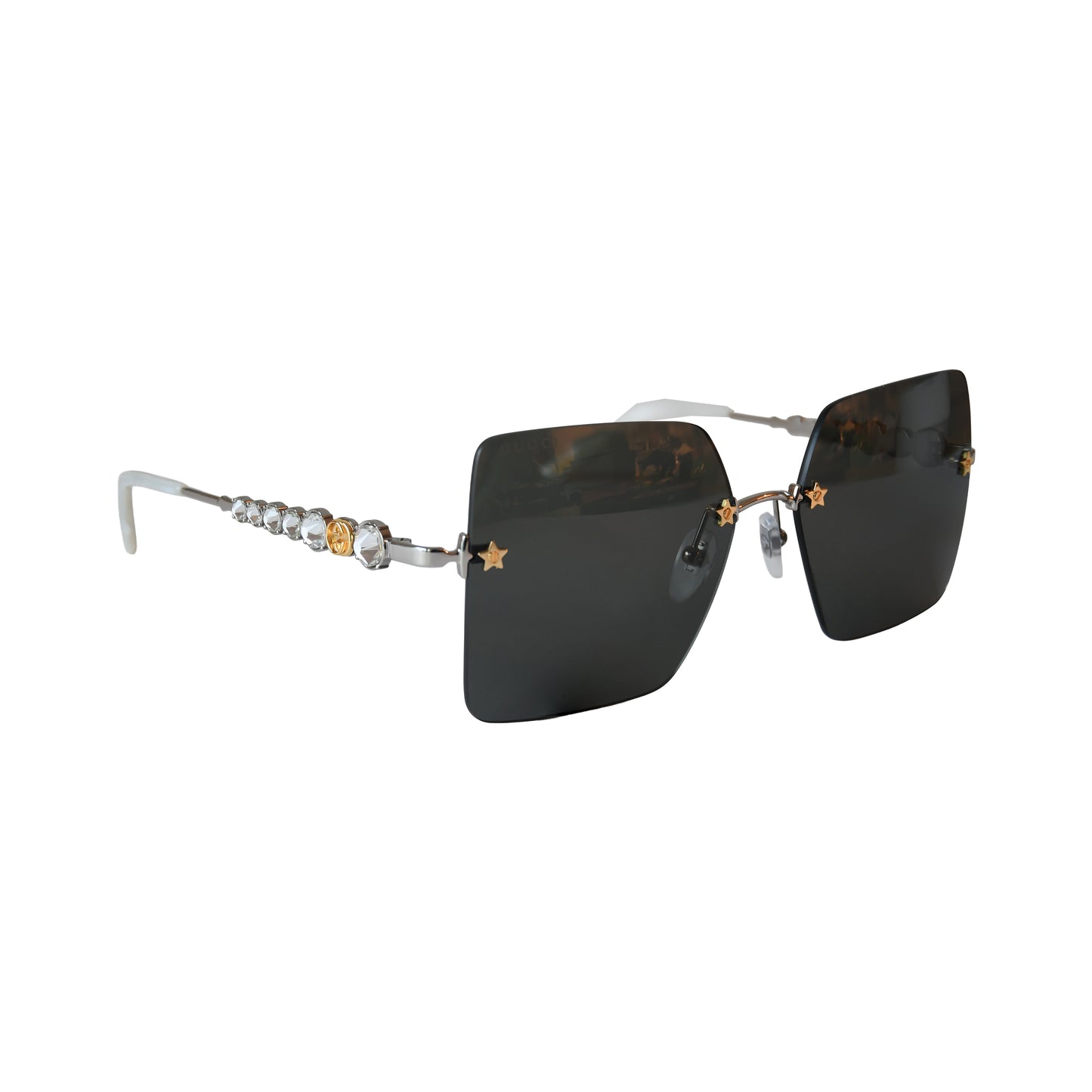 Gucci Rimless Square Shape Gold Star-Shaped Stud Black Lenses Sunglasses White-NOBLEMARS