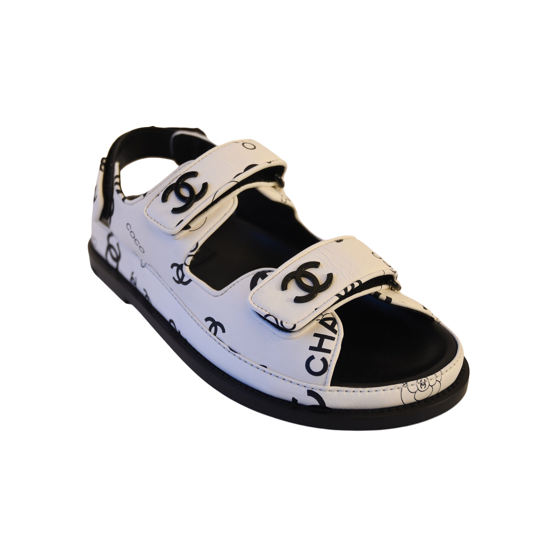 Chanel Printed CC Velcro Dad Sandals White Black-NOBLEMARS