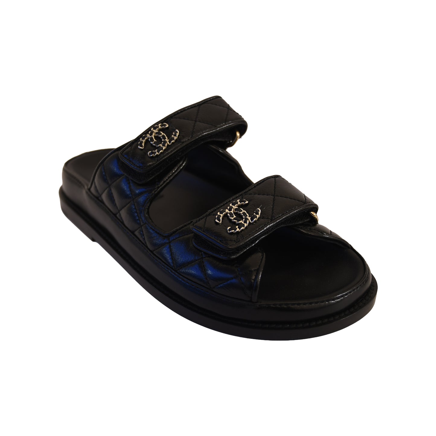 Chanel CC Logo Quilted Lambskin Velcro Dad Sandals Black-NOBLEMARS