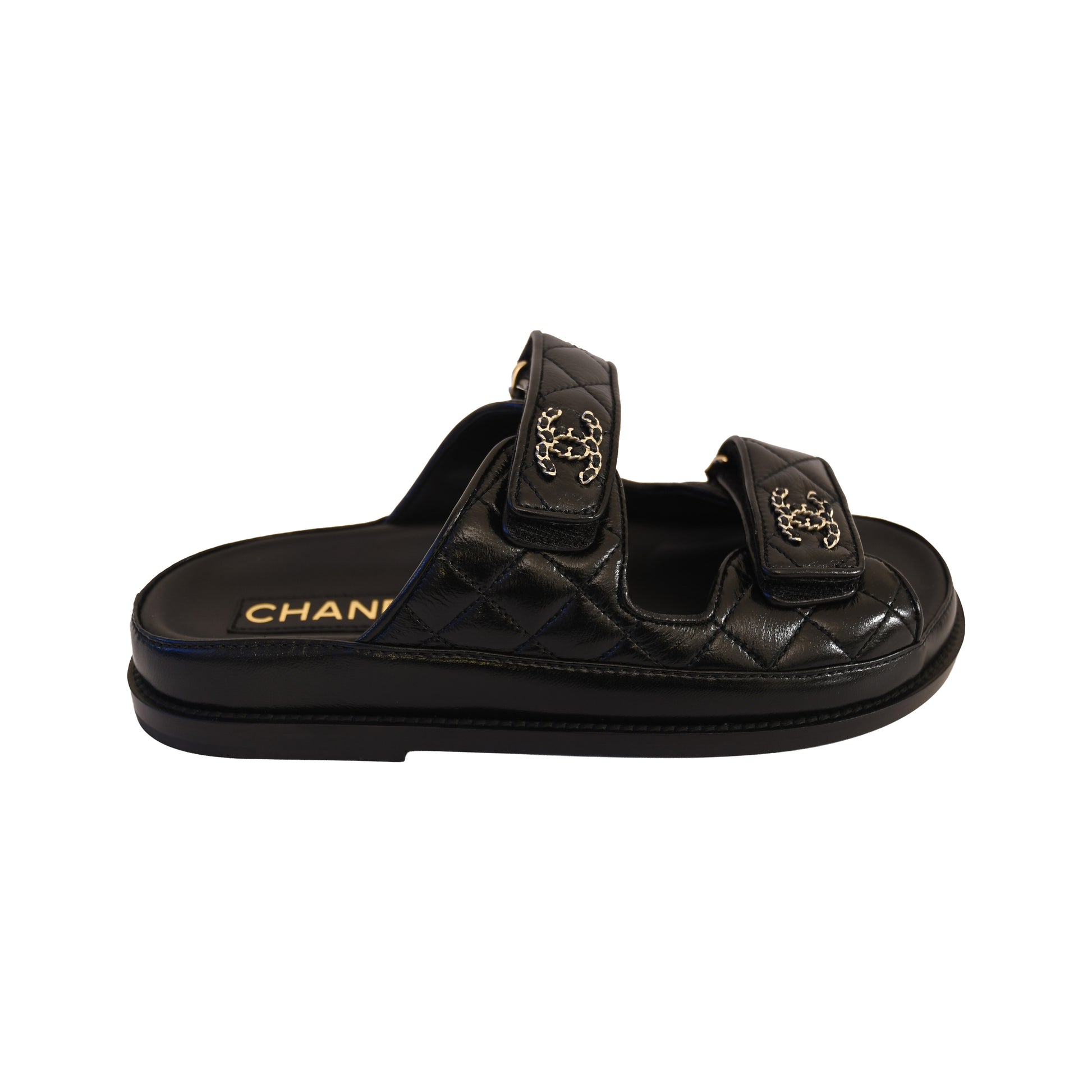Chanel CC Logo Quilted Lambskin Velcro Dad Sandals Black-NOBLEMARS