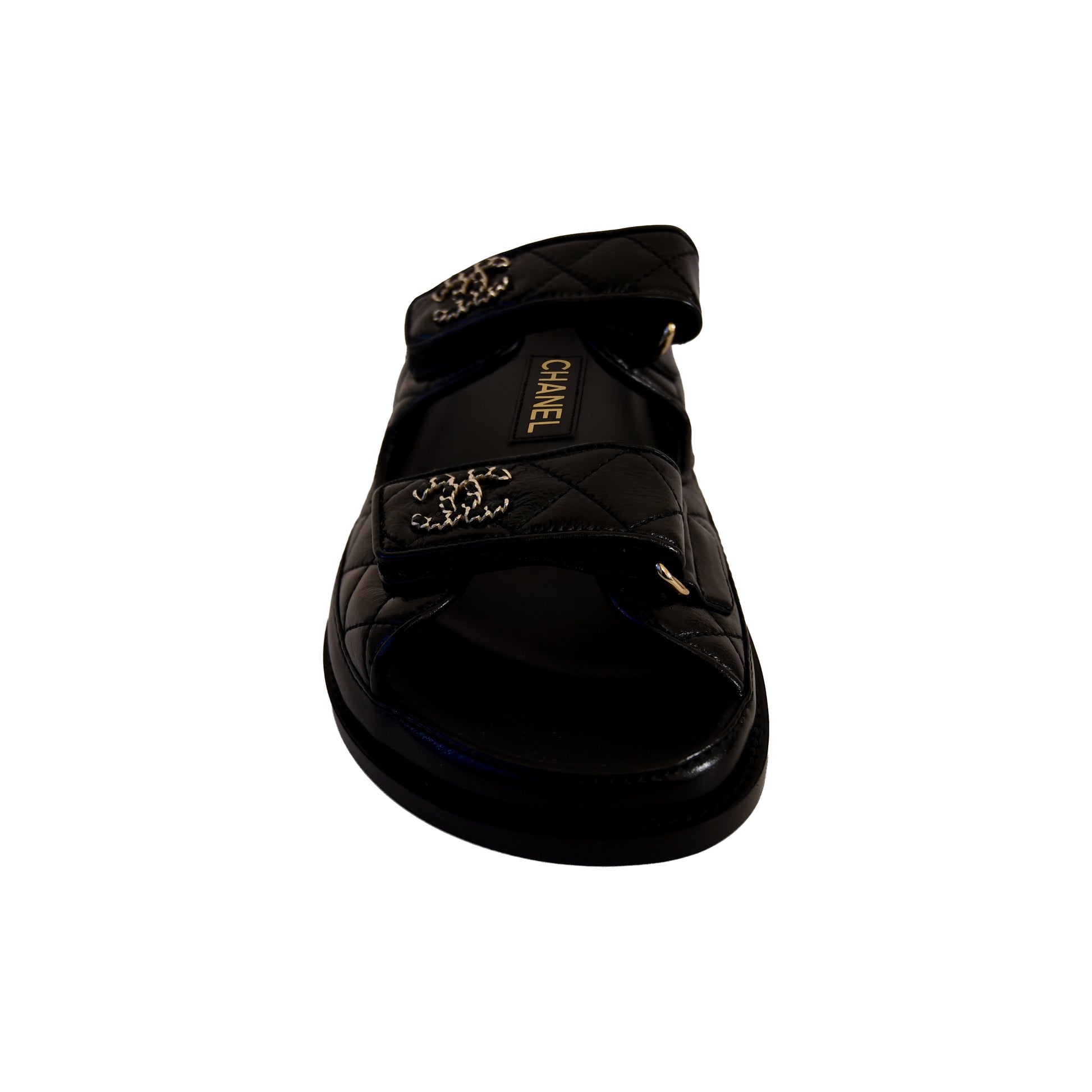 Chanel CC Logo Quilted Lambskin Velcro Dad Sandals Black-NOBLEMARS