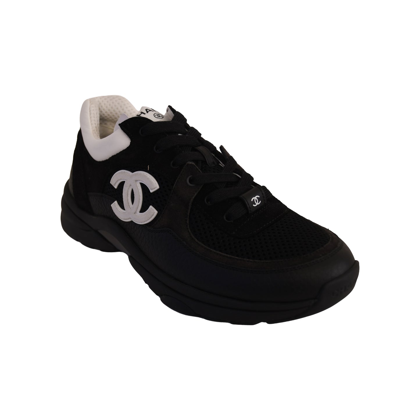 Chanel Mesh Suede Calfskin Grained Calfskin Sneakers Black White-NOBLEMARS