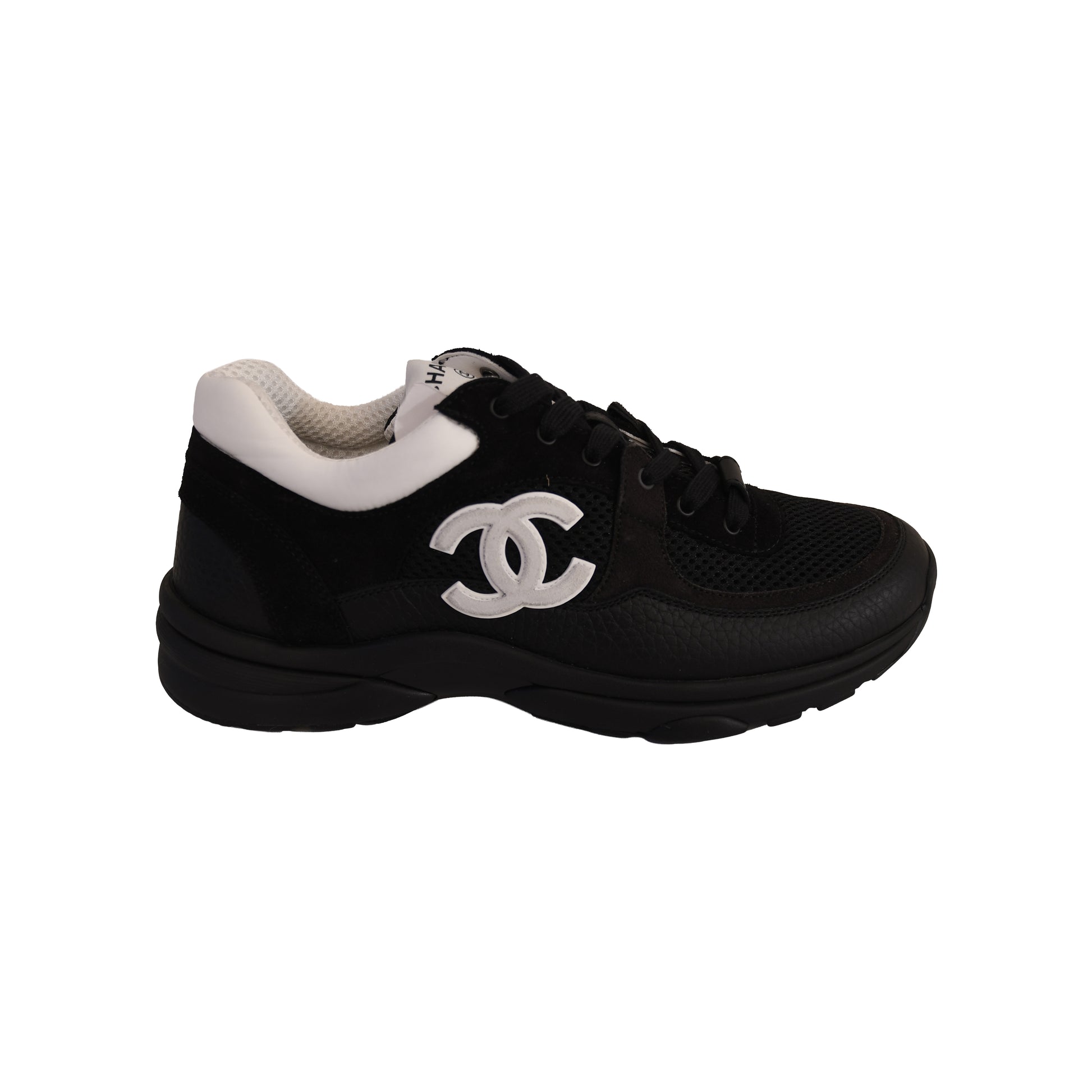 Chanel Mesh Suede Calfskin Grained Calfskin Sneakers Black White-NOBLEMARS