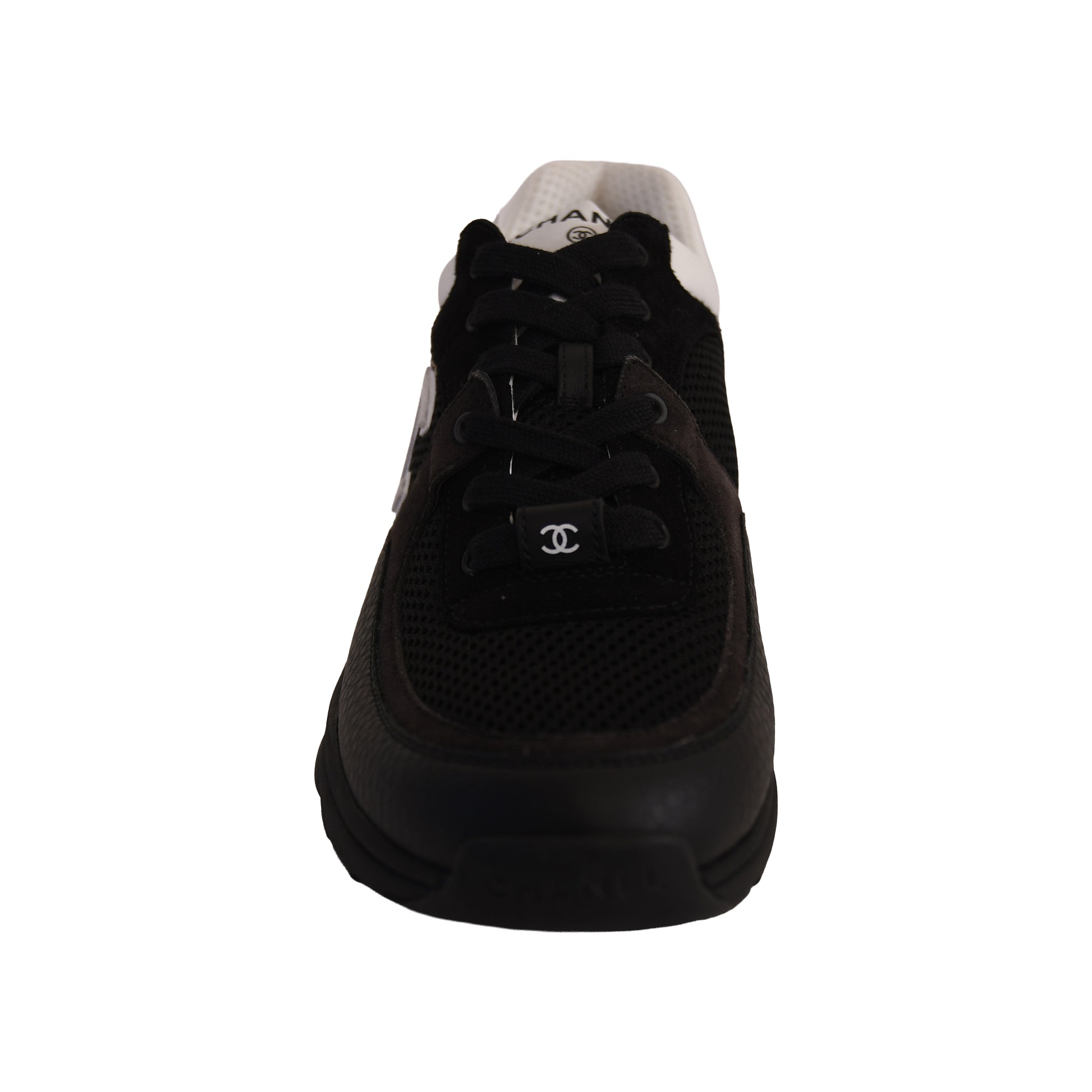 Chanel Mesh Suede Calfskin Grained Calfskin Sneakers Black White-NOBLEMARS