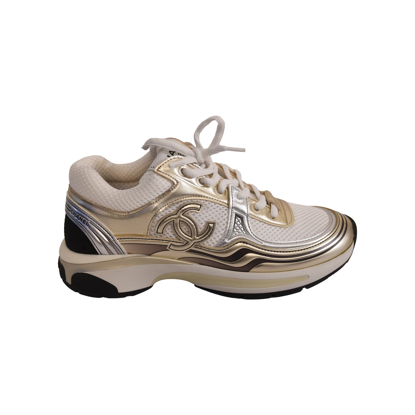 Chanel CC Logo Fabric Laminated Sneakers Gold Silver