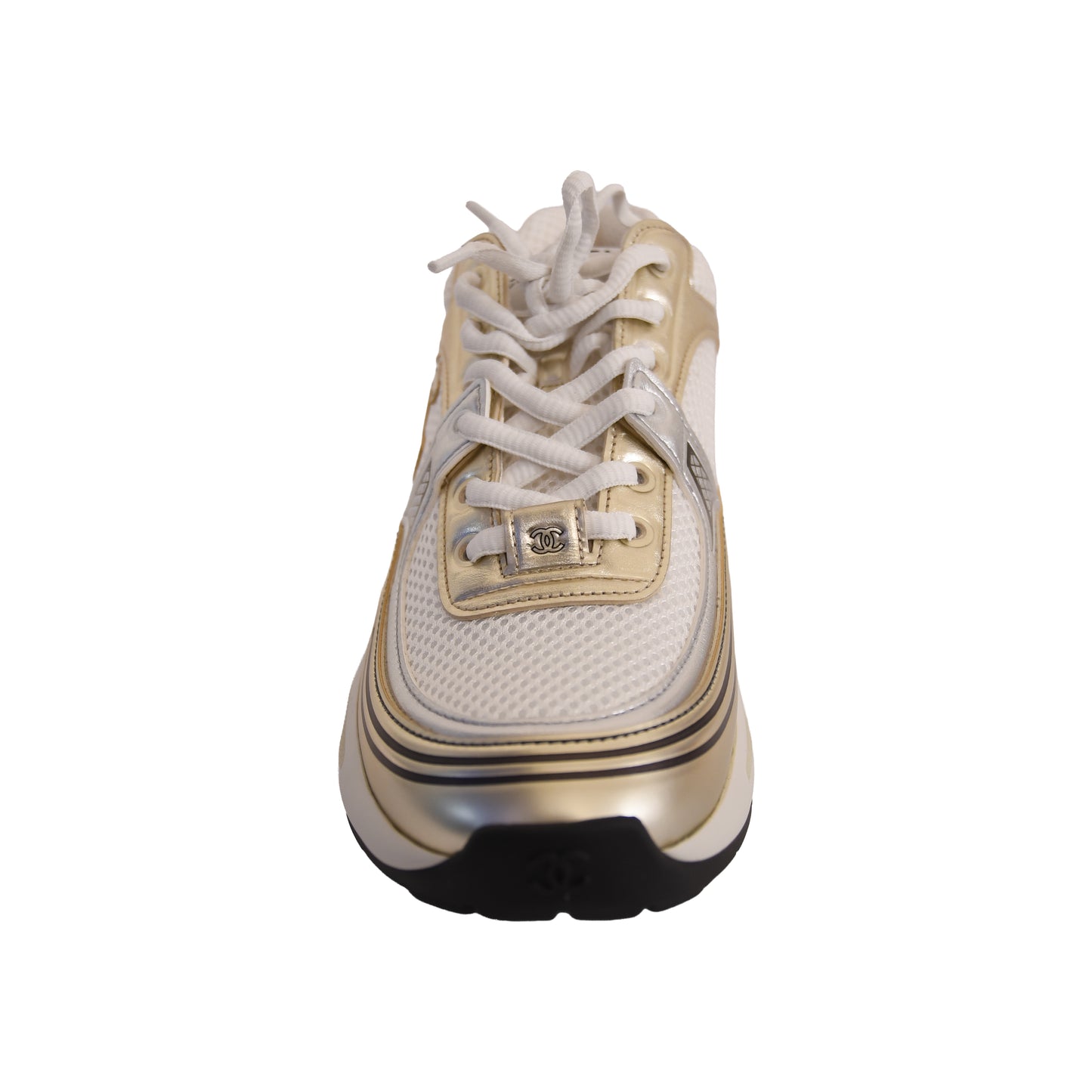 Chanel CC Logo Fabric Laminated Sneakers Gold Silver