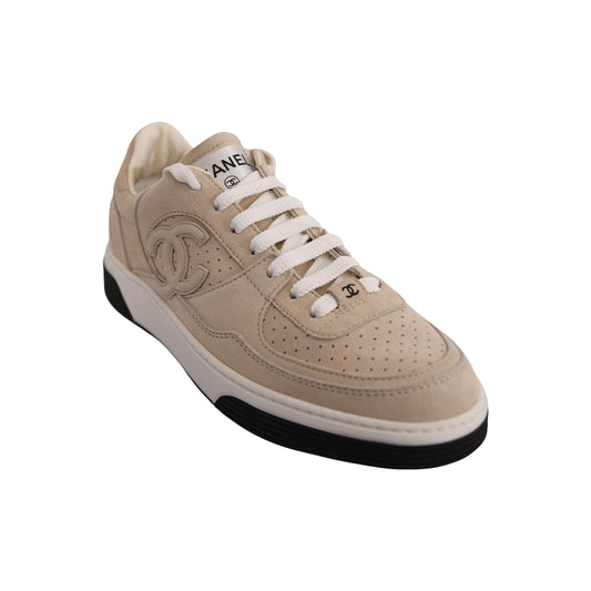 Chanel Interlocking CC Logo Suede Sneakers Light Beige