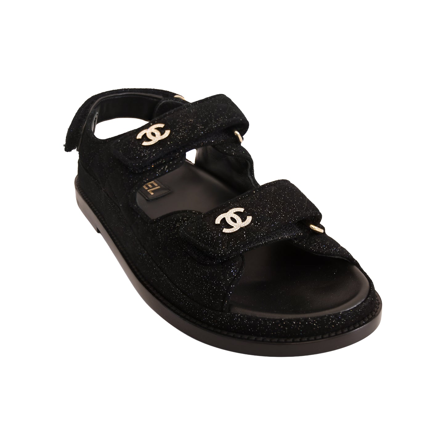Chanel Suede Kidskin Sparkle Velcro Dad Sandal Black Silver-NOBLEMARS