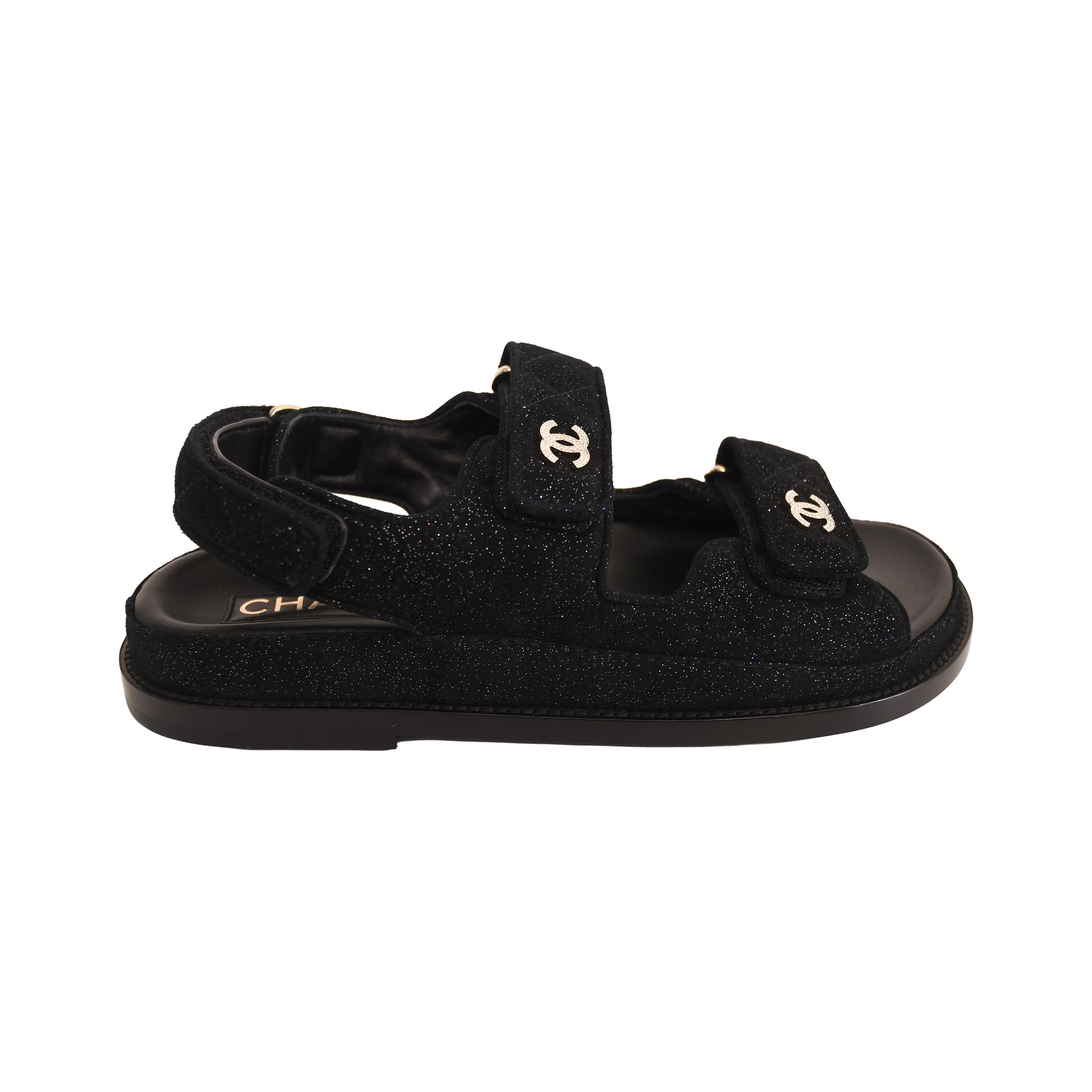 Chanel Suede Kidskin Sparkle Velcro Dad Sandal Black Silver-NOBLEMARS