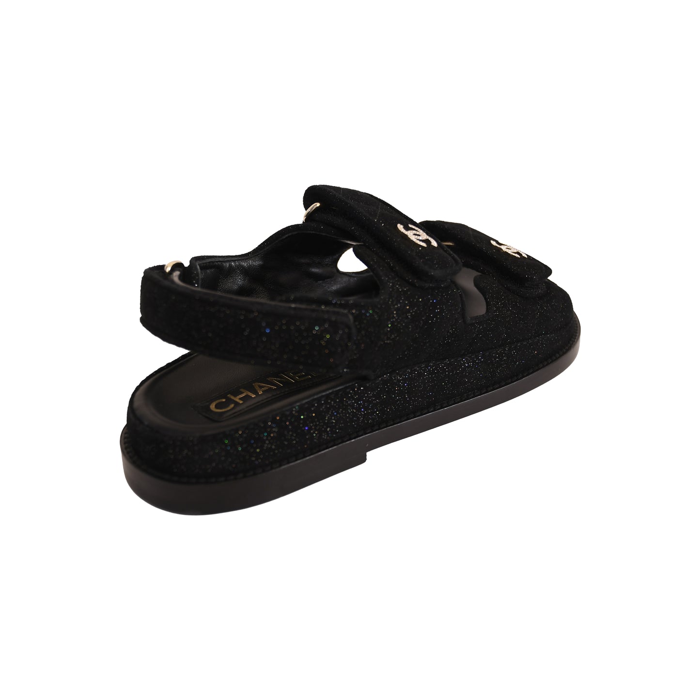 Chanel Suede Kidskin Sparkle Velcro Dad Sandal Black Silver-NOBLEMARS