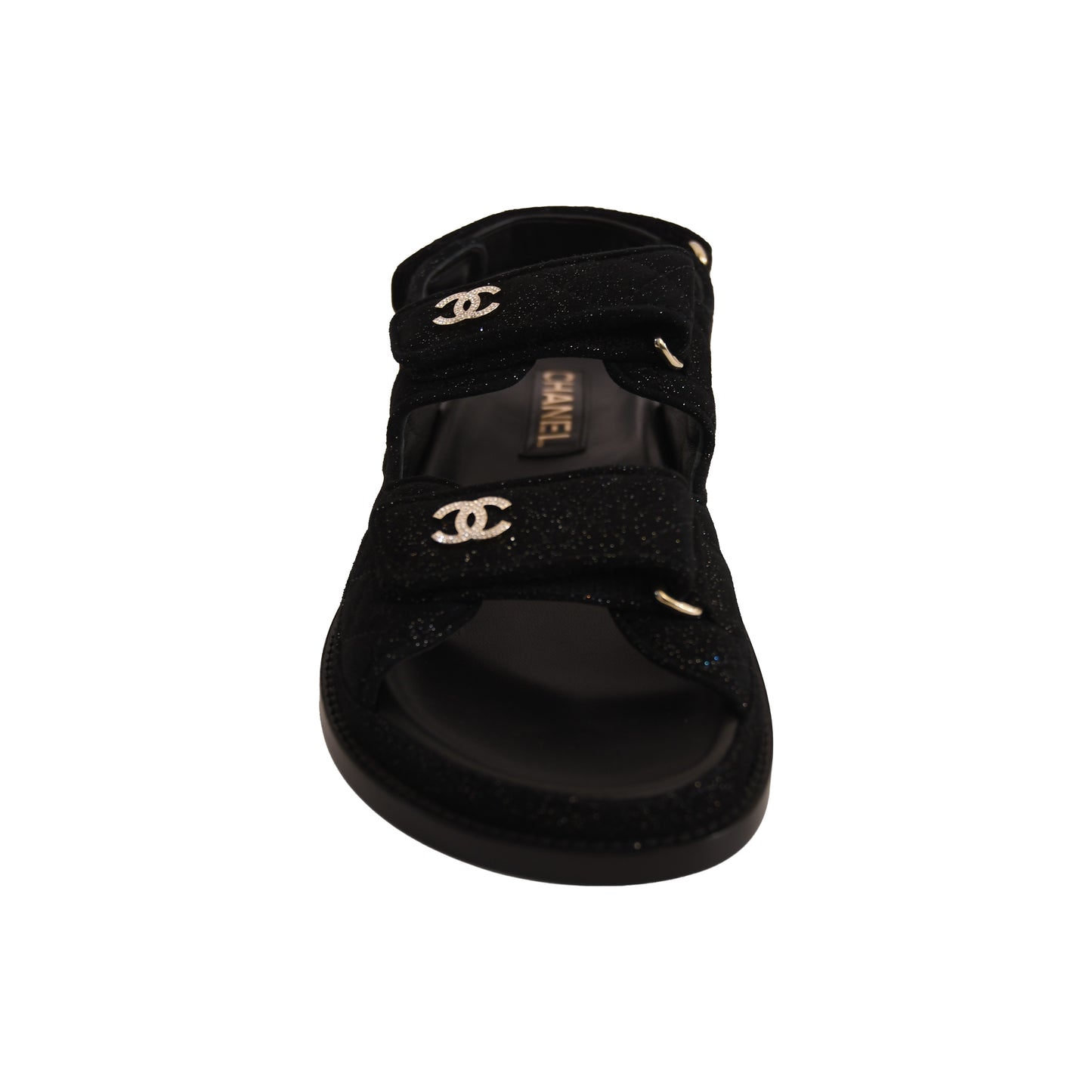 Chanel Suede Kidskin Sparkle Velcro Dad Sandal Black Silver-NOBLEMARS