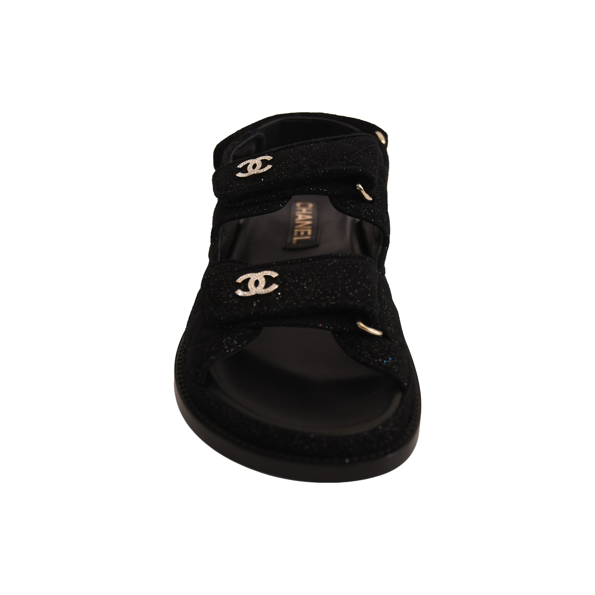 Chanel Suede Kidskin Sparkle Velcro Dad Sandal Black Silver-NOBLEMARS