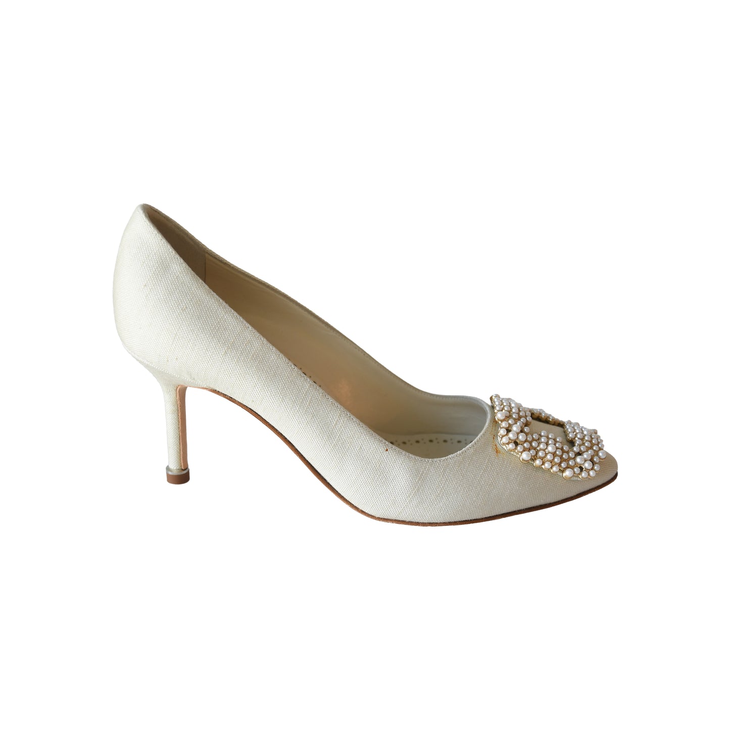Manolo Blahnik 70mm Hangisi Pearl-Embellished Pumps Heels Oatmeal-NOBLEMARS