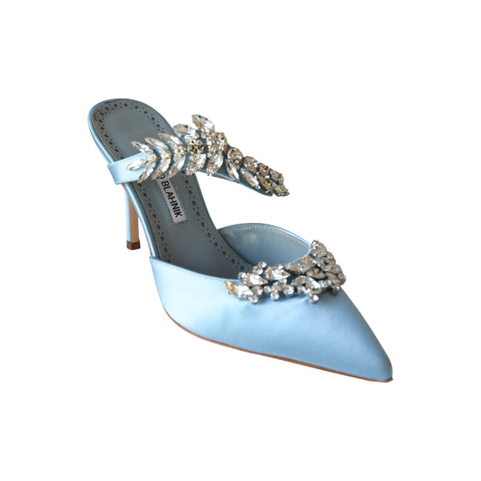 Manolo Blahnik Lurum Satin Mules Heels Blue