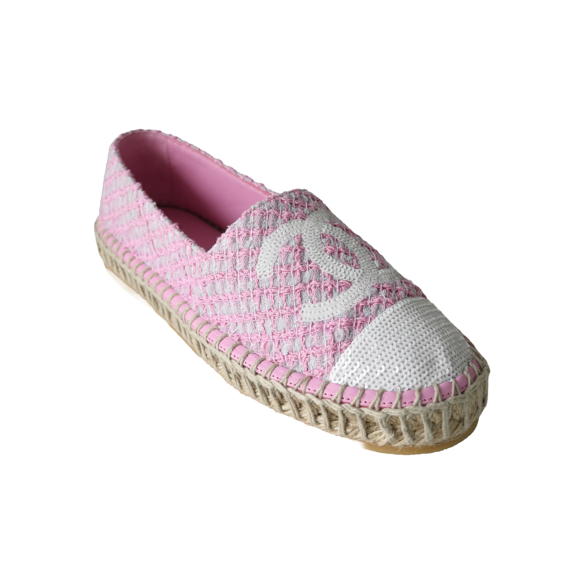 Chanel Espadrilles Tweed Lambskin Flats Light Pink White-NOBLEMARS