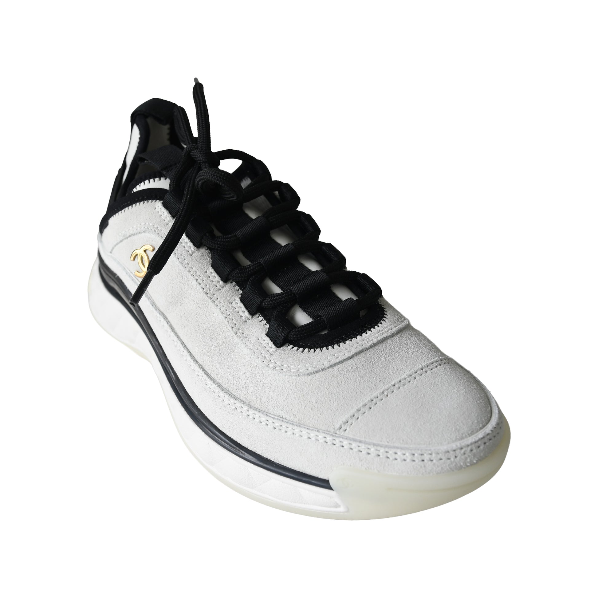 Chanel Velvet Calfskin & Mixed Fibers CC Sneaker Ivory Black-NOBLEMARS