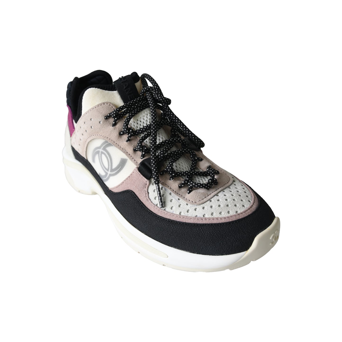 Chanel Suede Calfskin Mixed Fibers CC Sneakers Grey Black Pink-NOBLEMARS