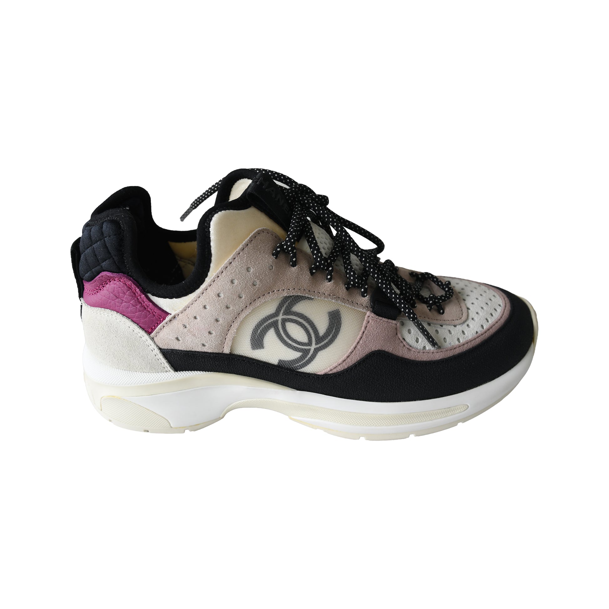 Chanel Suede Calfskin Mixed Fibers CC Sneakers Grey Black Pink-NOBLEMARS