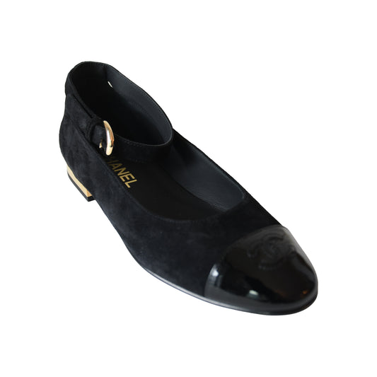 Chanel Suede Mary Jane Ballet Flats Black-NOBLEMARS
