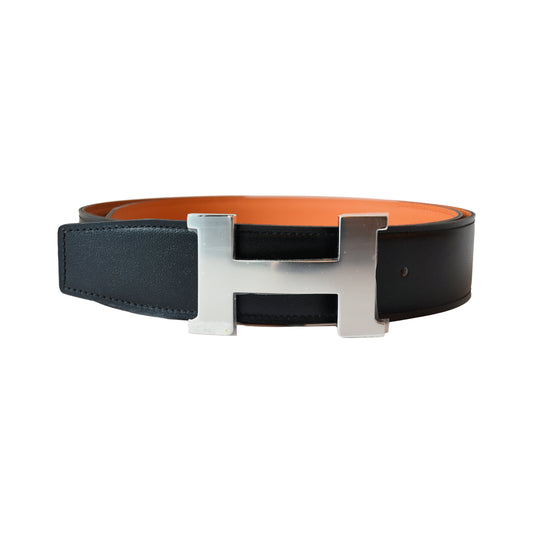Hermes 38mm H-Shaped Buckle Reversible Constance Leather Belt Palladium Hardware Black Orange-NOBLEMARS