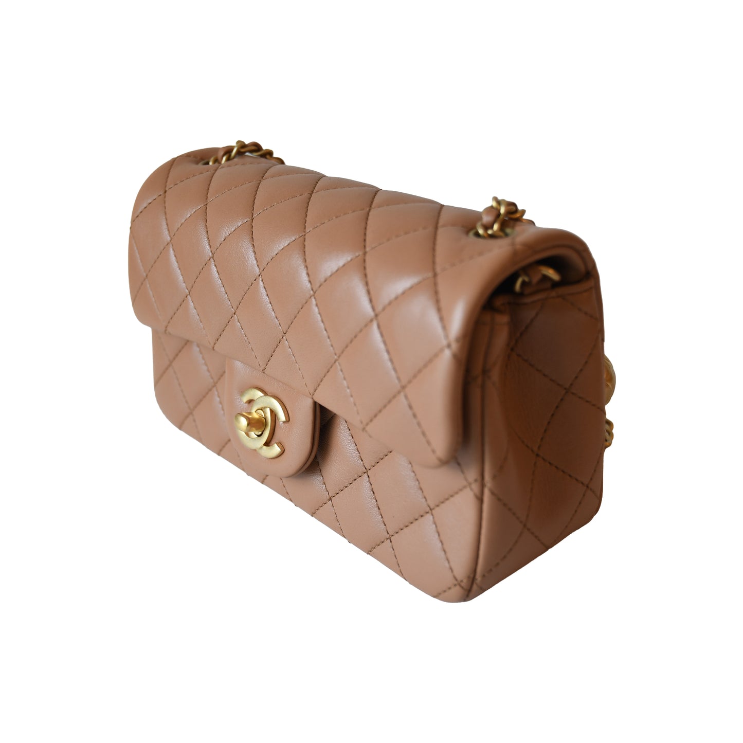 Chanel Lambskin Quilted Mini CC Pearl Crush Rectangular Flap Bag Caramel-NOBLEMARS