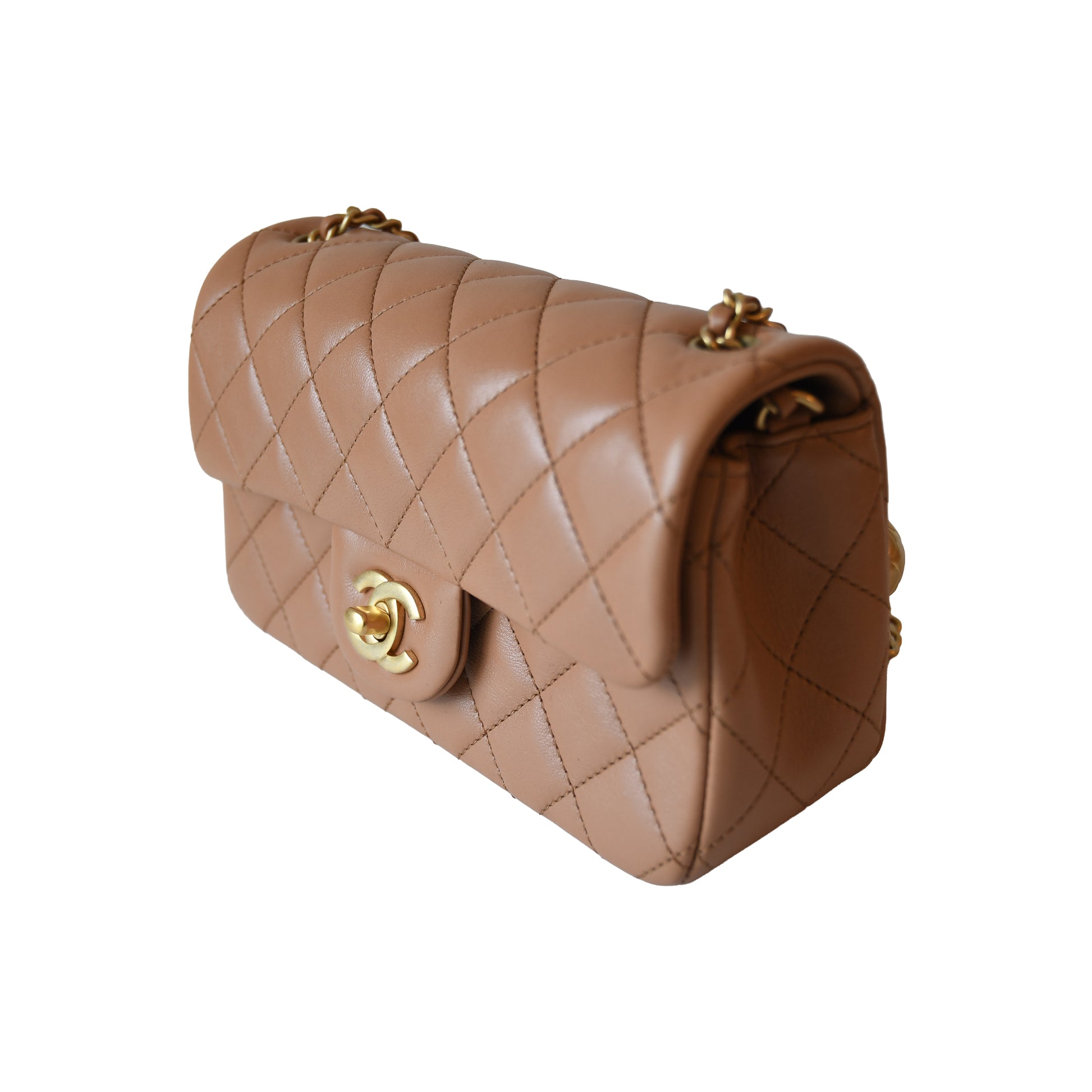 Chanel Lambskin Quilted Mini CC Pearl Crush Rectangular Flap Bag Caramel-NOBLEMARS