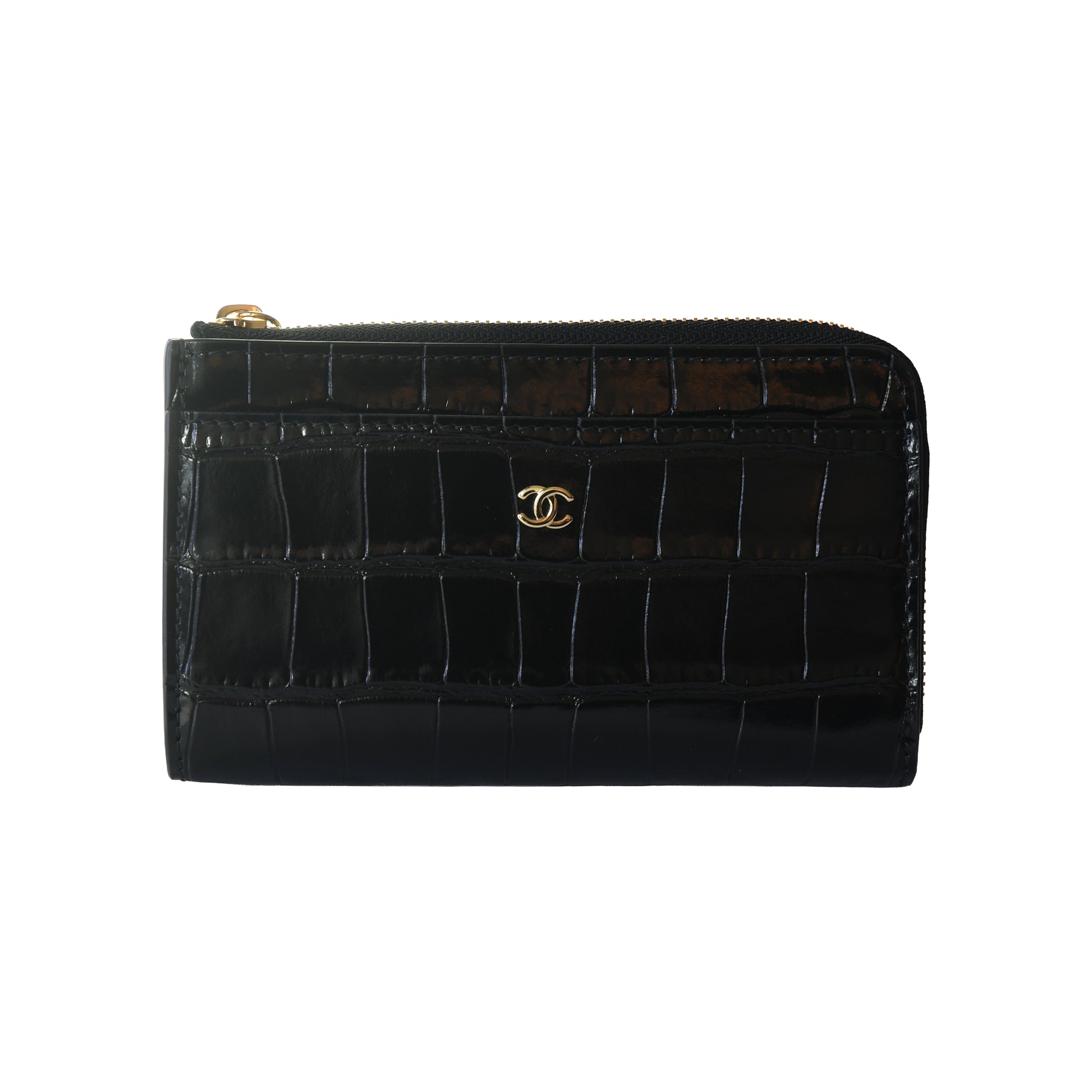 Chanel Crocodile Embossed Calfskin Fragment Case Zipped Card Holder Black-NOBLEMARS