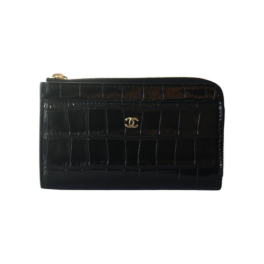 Chanel Crocodile Embossed Calfskin Fragment Case Zipped Card Holder Black-NOBLEMARS