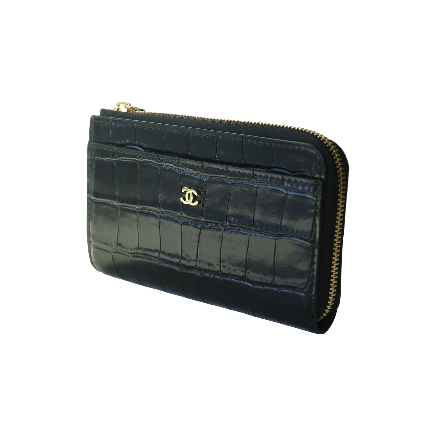 Chanel Crocodile Embossed Calfskin Fragment Case Zipped Card Holder Black-NOBLEMARS