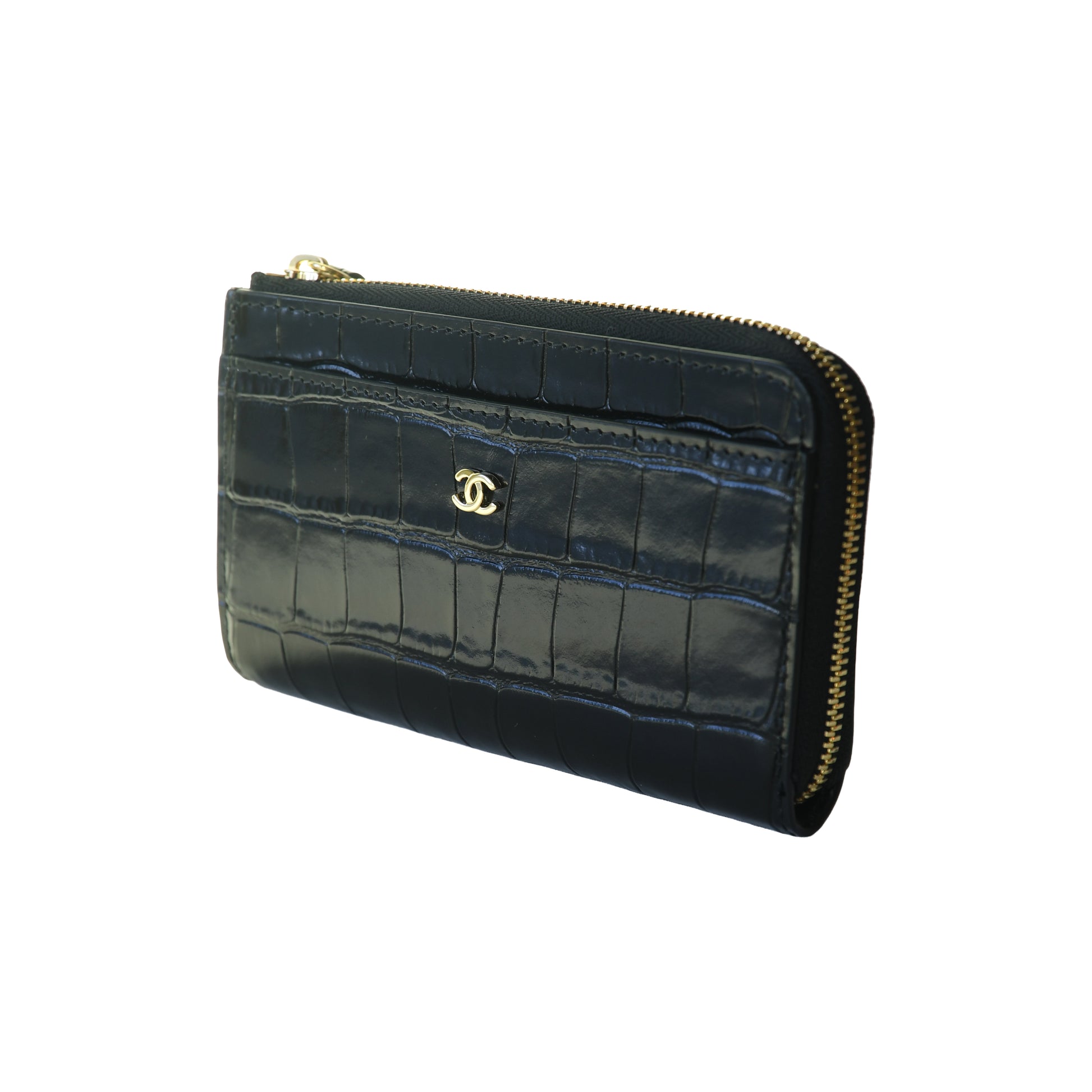 Chanel Crocodile Embossed Calfskin Fragment Case Zipped Card Holder Black-NOBLEMARS