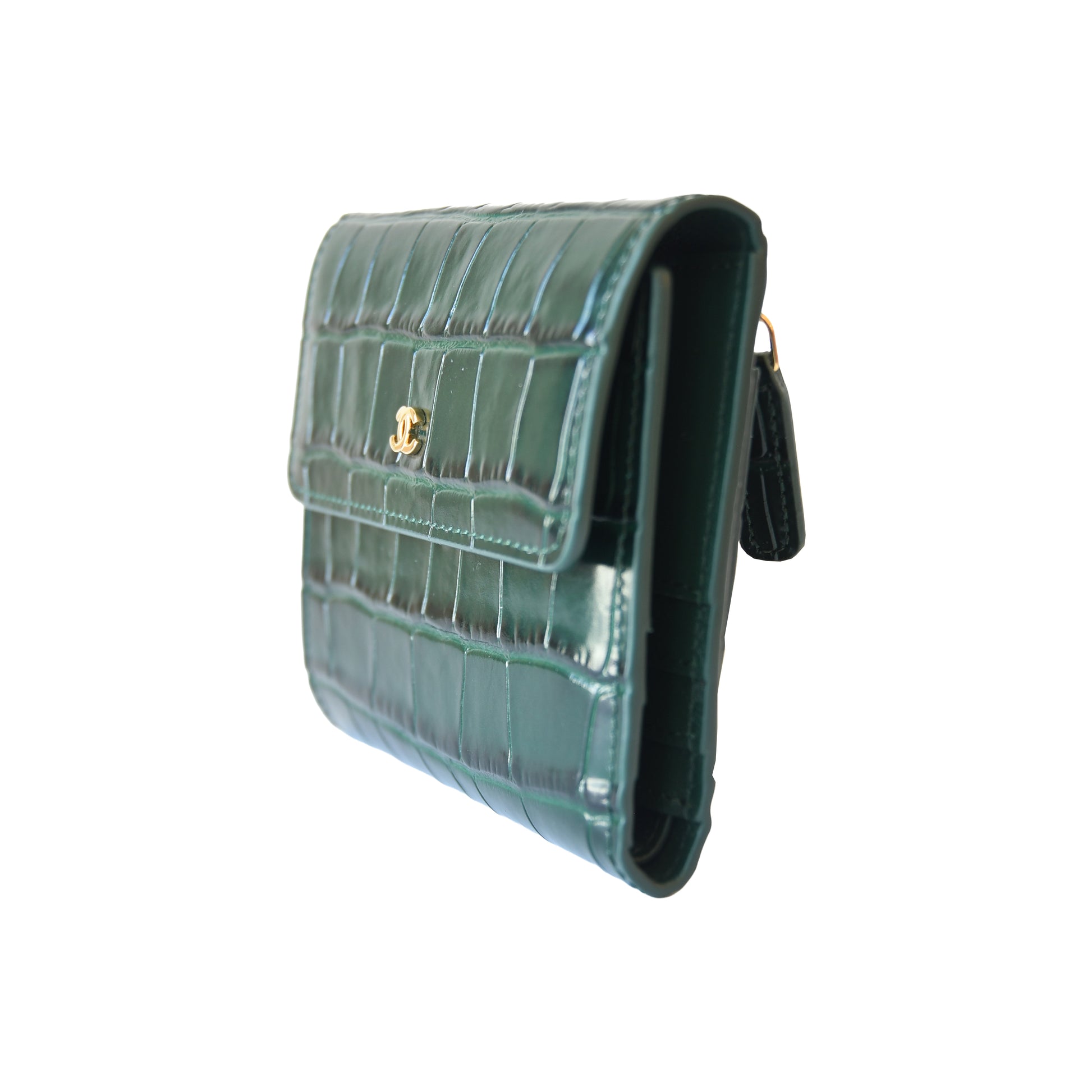 Chanel Classic Embossed Crocodile Small Trifold Flap Wallet Green-NOBLEMARS