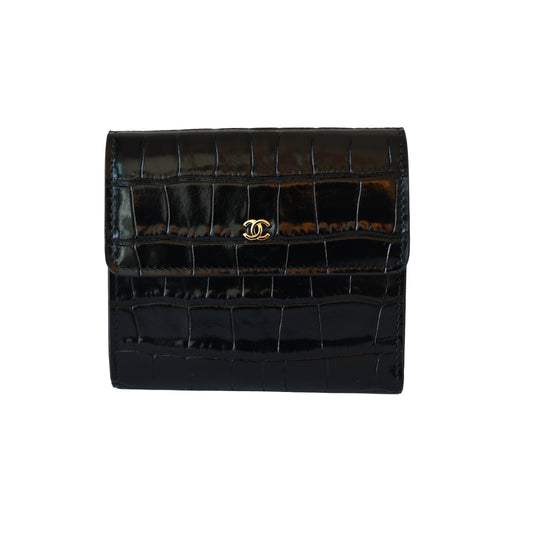 Chanel Classic Embossed Crocodile Small Trifold Flap Wallet Black——NOBLEMARS