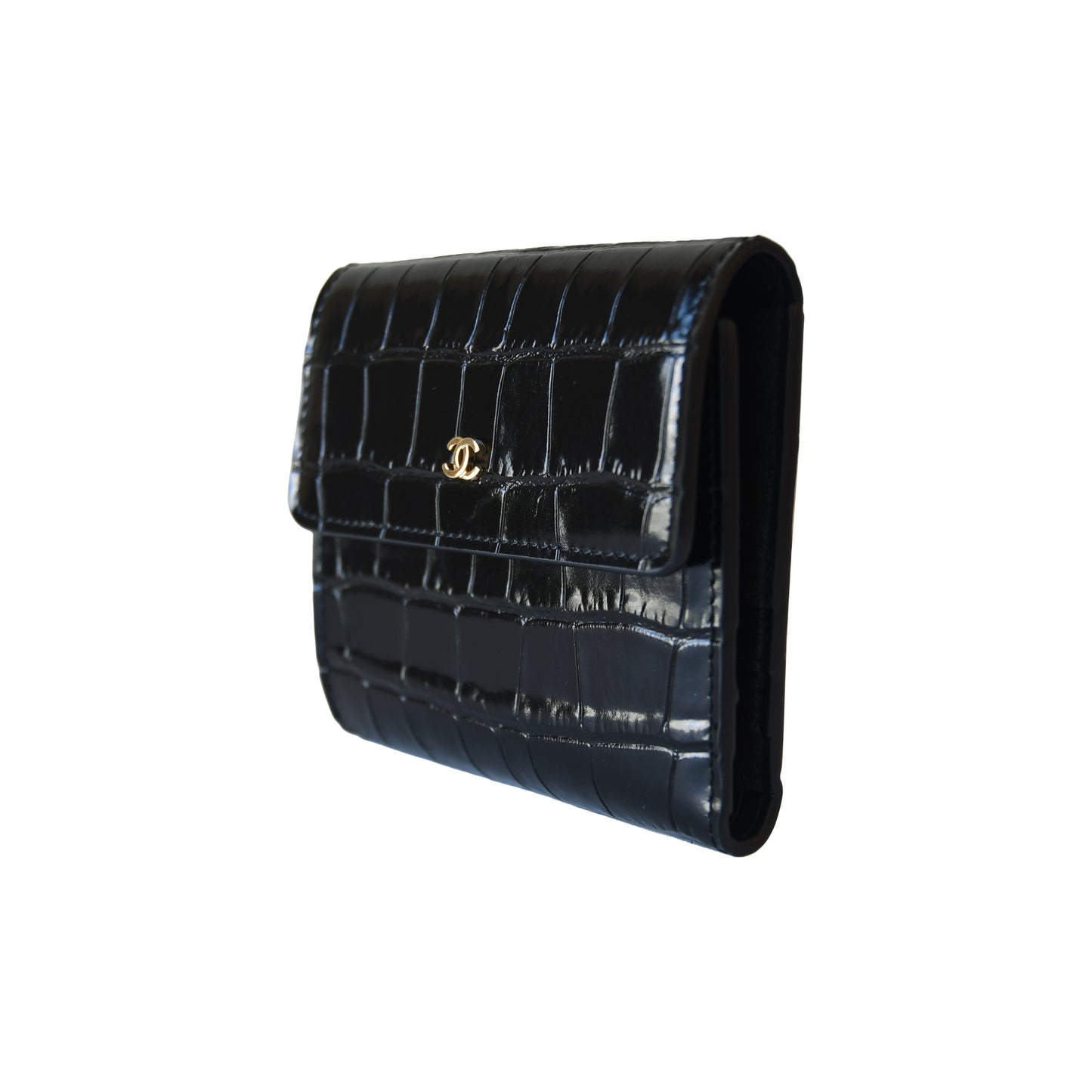 Chanel Classic Embossed Crocodile Small Trifold Flap Wallet Black-NOBLEMARS