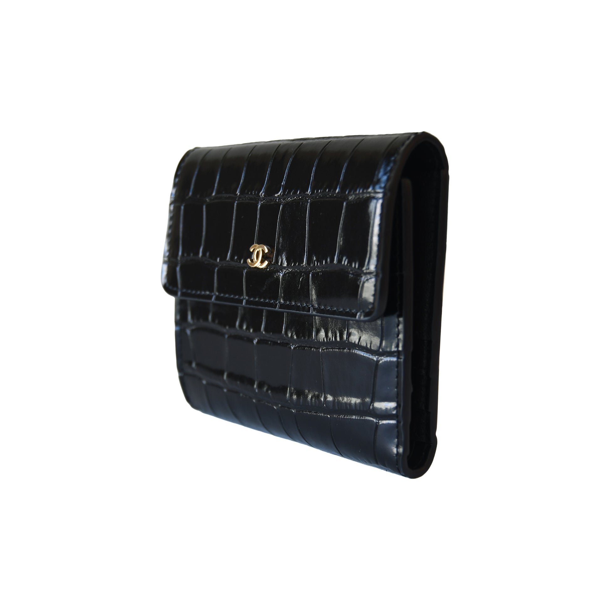 Chanel Classic Embossed Crocodile Small Trifold Flap Wallet Black-NOBLEMARS