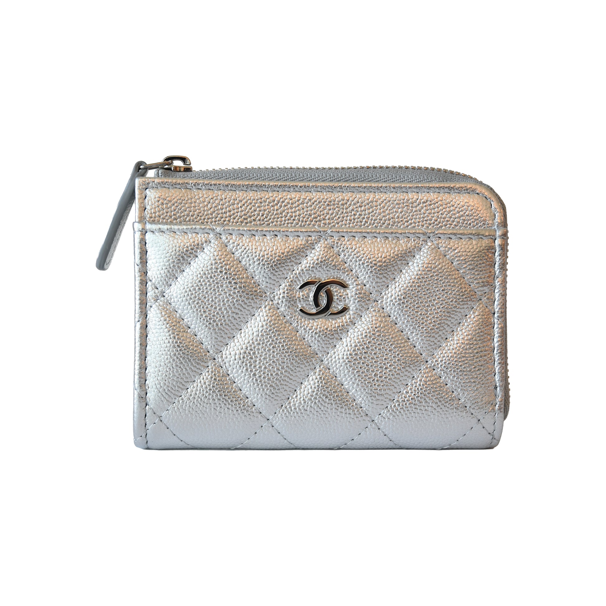 Chanel Classic Zipped Coin Purse Metallic Silver-NOBLEMARS